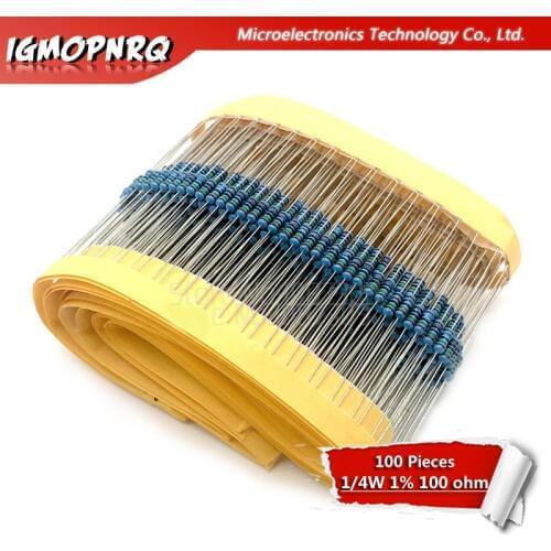 1Lot 100PCS 1/4W 100R 1/4W-100 ohm 100 ohm 100ohm Metal Film Resistor 0.25W 1% High Quality