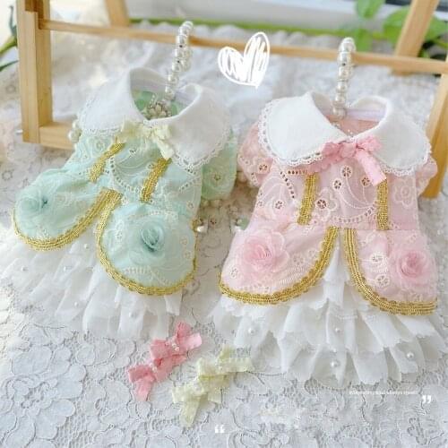 Free Shipping Handmade Adorable Dog Clothes Round Collar 3D Flower Lace Dress Cute Pet Outfit 2 Colors Poodle Maltese Yorkie