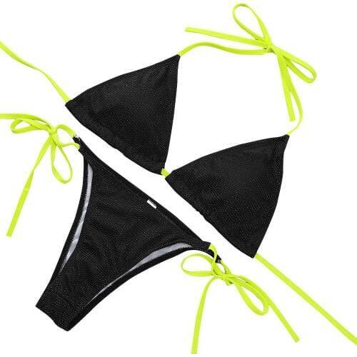 Women Fashion Bright Color Neck Lace Up Bikini Two Piece Set Sexy High Cut Backless Split Style Swimsuit