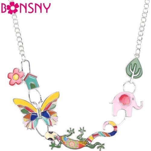 Bonsny Statement choker Enamel Butterfly Gecko Lizard Necklace Charm Metal Alloy Chain Pendant New Jewelry For Women Collar