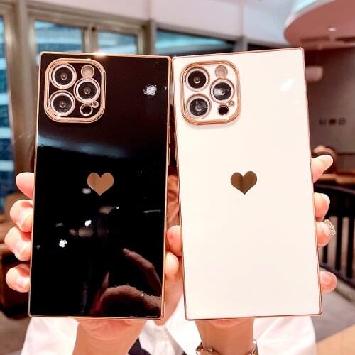 Luxury Square Plating Phone Case For iPhone 12 Pro Max 11 Pro Max XR XS Max 7 8 Plus X 12Mini Ins Style Heart Couple Soft Cover