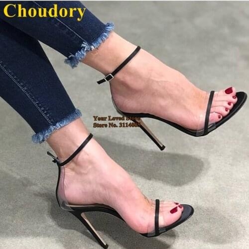 Choudory Black Satin Cloth PVC Strappy High Heel Sandals Sexy Patchwork Buckle Strap Shoes Gladiator Banquet Pumps Dropship