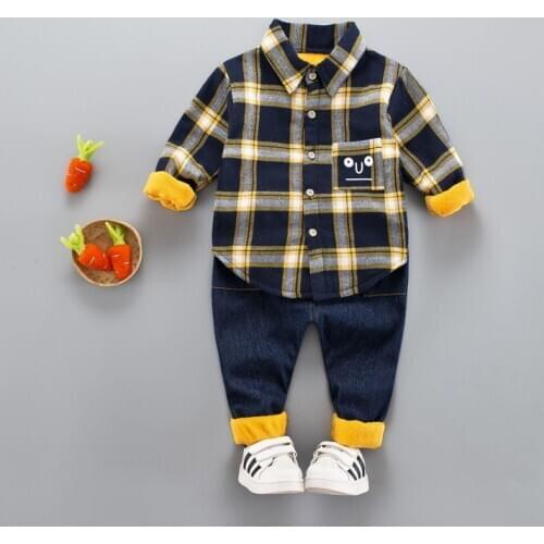 Autumn Children Baby Boys Girls Clothes Infant Gentleman Thick Velvet Plaid Shirt Pants 2Pcs/sets Toddler Clothing Kids Suits