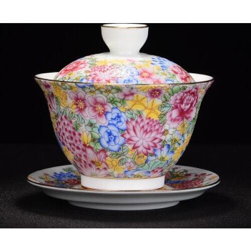Jingdezhen Ceramic Tea Tureen Hand-painted Enamel Medium Antique Flower Cover Bowl Chinese KungFu Gaiwan Tea Cup Bowl Teaware