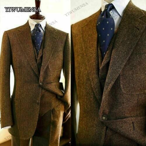 Brown Tweed Wool Herringbone Men Suits Slim Fit Wedding Groom Notch Lapel Blazer Masculino Business 2021 Costume Homme Mariage