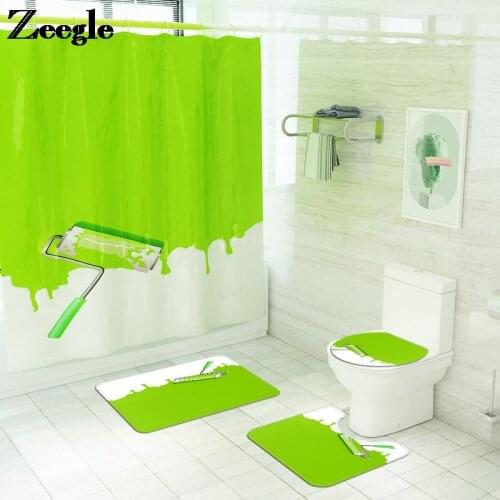 Printing Bath Mat and Waterproof Shower Curtain Set Home Decor Bathroom Carpet Rug Toilet U-Shaped Foot Mat Bathroom Rug Set