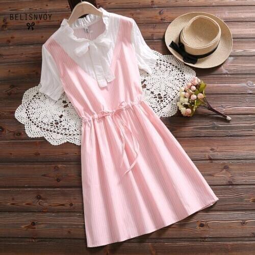 Preppy Style Summer Women Dresses Patchwork Pink Blue Bow Girls School Uniform Dress Elegant Short Sleeve Kawaii Striped Dress