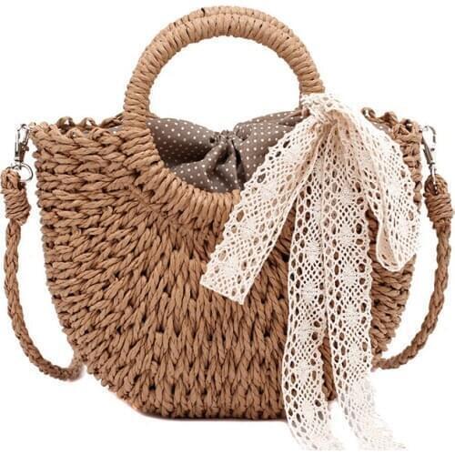 Summer Straw Bag Women Beach Handbag Rattan Woven Shoulder Drawstring Bohemian Lady Knitted Small Bow Lace Crossbody Shoulder