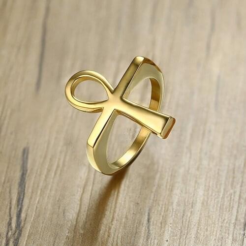Cross Men Ring Gold Tone Stainless Steel Ankh Egyptian Key of the Life Male Finger Rings Jewelry