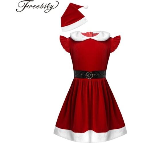 Kids Girls Christmas Dress Sleeveless A-line Dresses Christmas Hat New Year Festival Santa Claus Costume Party Cosplay Dress Up