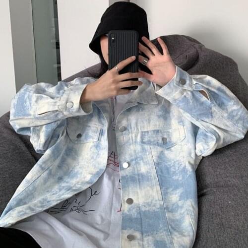 Autumn Women Denim Jacket Single Tie-dye Tooling Vintage Coat Female Loose Casual Outing Streetwear Tie Dye Female Collar A092