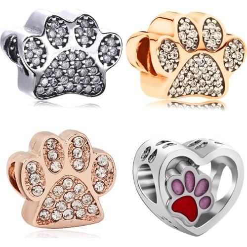 Fit Original Pan Cute Claw Charms Bracelet Women Clear CZ Rose Gold Silver Color Cat Foot Print Paw Beads for Jewelry Making DIY