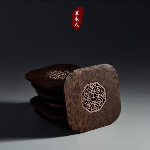 2pcs/lot 8.7x8.7cm antique wood cup coasters Chinese ebony octagon window grille cup holder waterproof tea cup mat