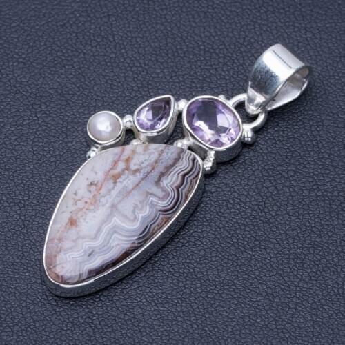 Natural Crazy Lace Agate,River Pearl and Amethyst Punk Style 925 Sterling Silver Pendant 2" Q0822