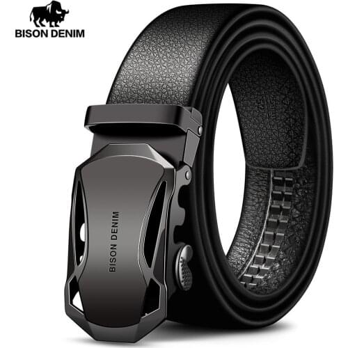 BISON DENIM Mens Belt Cow Leather Belts Brand Fashion Automatic Buckle Black Genuine Leather Belts for Men 3.4cm Width N71314