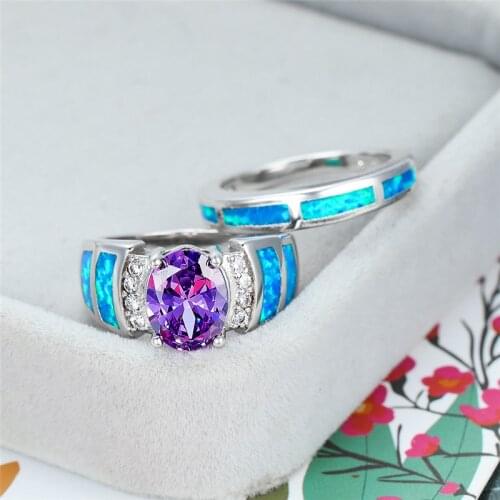 Luxury Female Purple Crystal Stone Ring Classic Silver Color Engagement Rings For Women Charm Blue Opal Wedding Ring Set