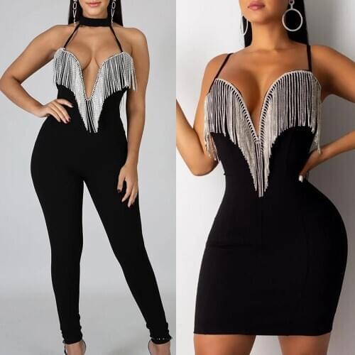 Sexy Women Lady Sequin Jumpsuit Romper Bodycon Backless Clubwear Party Long Pant Trouser Black Tassels Dress Outfit