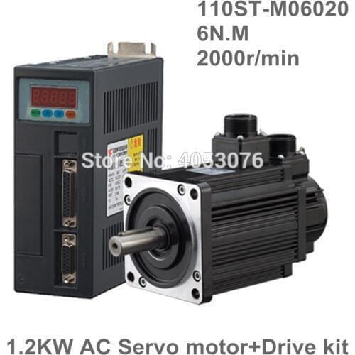 110ST-M06020 220V 1200W AC Servo motor 1.2KW 2000RPM 6N.M. servomotor Single-Phase ac drive permanent magnet Matched Driver
