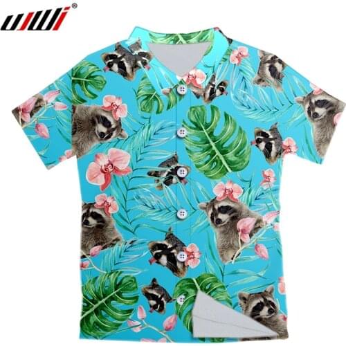 UJWI Colorful Leaf Raccoon Men 3D Printed Hawaiian Summer Shirt Blue Animal Button Shirt Original Design Custom 0versize