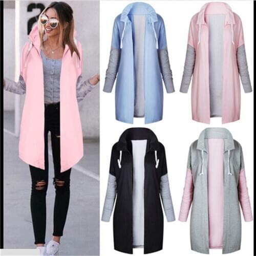 Spring Autumn Coat Women 2021 Fashion Casual Long Patchwork Hooded Jacket Hoodie Sweatshirt Vintage Outwear Coat