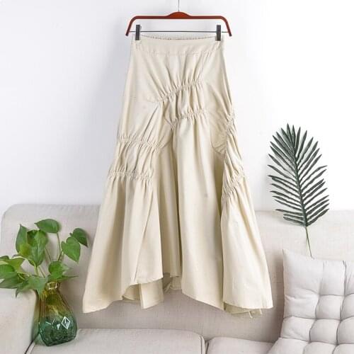 Womens Elegant Pleated Midi Skirt Ladies Casual High Waist Solid Color Asymmetrical Black A-line Skirts 2021 Spring NC605