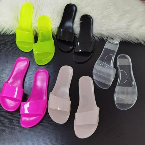 2021 Summer Women Candy Color Transparent Slides Flat Bottom Plus Size Beach Sandals Shoes Ladies Casual One-word Jelly Slippers