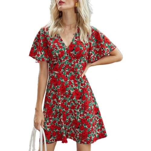 Women Dress Red Flower Print Slim Summer V Neck Short Sleeve Dress for Working Casual Elegant Party Dress Womens Clothing 2021