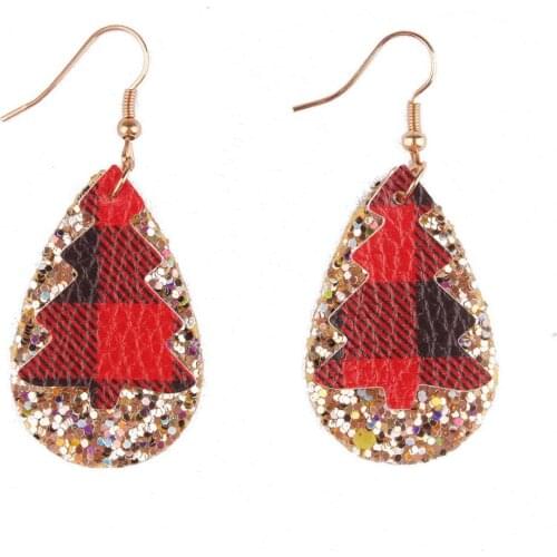 ZWPON Mini Christmas Tree Earrings for Women Plaid Layered PU Leather Glitter Teardrop Dangle Earrings Jewelry Gifts Wholesale