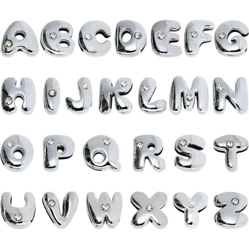 10 piece Internal Dia 8mm slide Charm silver color rhinestone English letters DIY Accessories fit 8mm wide belt pet collar