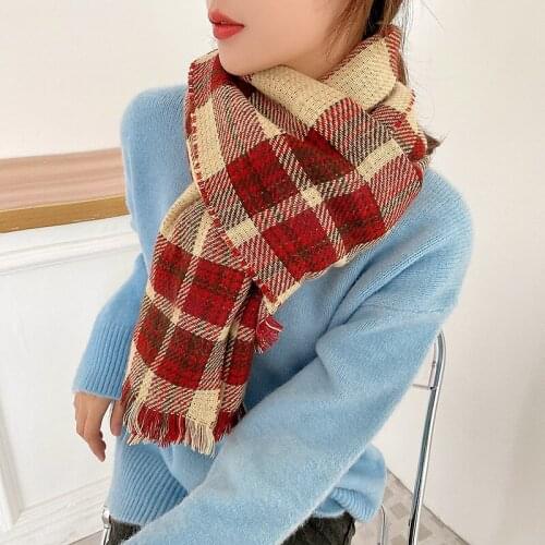 2021 Korean-Style Double-Sided Plaid Scarf Female Winter Christmas Cashmere Tassel Cape Female Warm Scarf