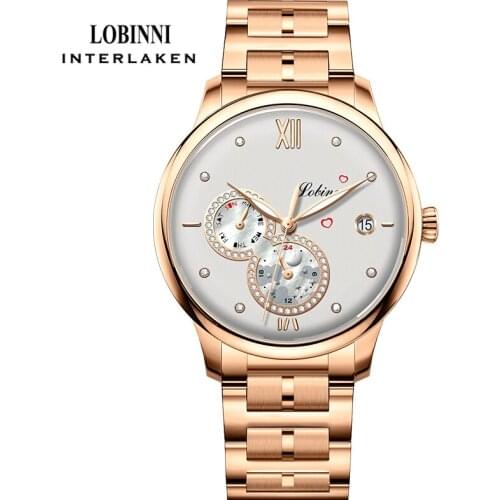LOBINNI New Fashion Ladies Automatic Mechanical Watch Rose gold Stainless Steel Strap Date Week Waterproof Womens Watch