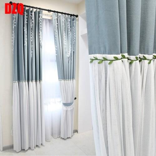 Customized Fresh Korean Style Princess Style Warm Gray Blue Lace Curtains Living Room Girl Bedroom Girl Heart Bay Window Shading
