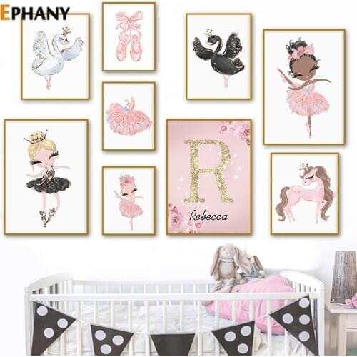 Kawaii Baby Girl Bedroom Nursery Ballet Dancer Wall Art Nordic Custom Name Canvas Painting Pink Cartoon Swan Posters and Prints