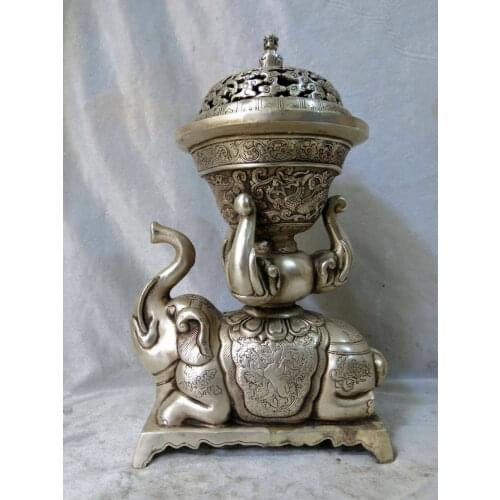 China Silver Buddhism Elephant Dragon Foo Dog Lion Incense burner Censer