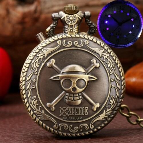 Creative LED Light Display Retro One Piece Skull Theme Pocket Watches Bronze/Silver/Gold Pocket Chain Pendant Clock Gifts