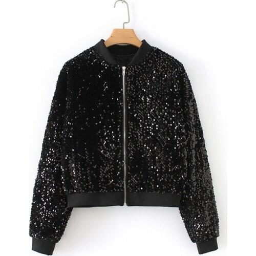 Spring Autumn Casual Black Bomber Jackets Sequins Long Sleeve Short Jacket Zipper Women Coats T0418