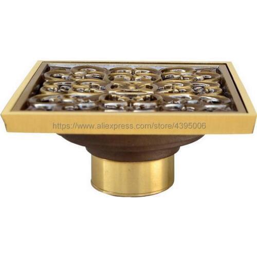 Shower Drains 10*10cm Square Bath Drains Strainer Hair Antique Brass Fish Carved Bathroom Floor Drain Waste Grate Drain Bhr014