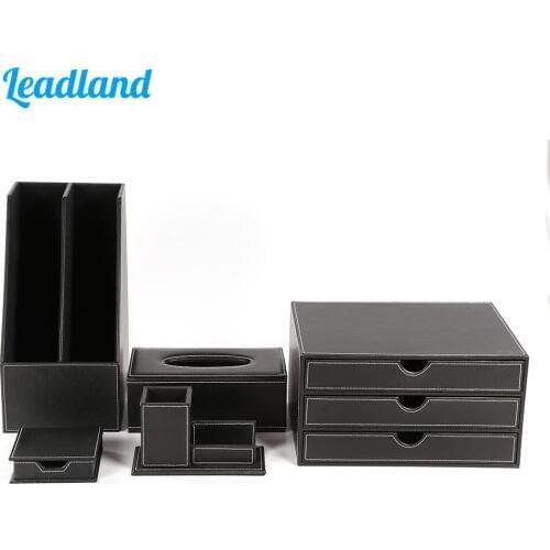 Quality Office Desk 5-Piece Set Pen Pencil Holder Business Card Stand Stationery Organizer Box Tissue Dispenser T09 Black/Brown
