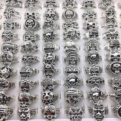 MIXMAX 100pcs Skull skeleton Rings Mens Womens unisex Exquisite vintage Silver Plated Punk Biker Fashion Jewelry Wholesale lots