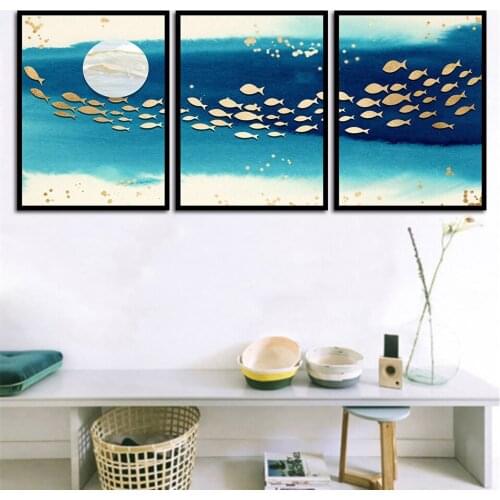 Abstract moon golden fish school 3p KIT Canvas Painting Modern Home Decoration Living Room Bedroom Wall Decor Picture