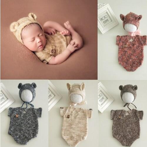 Newborn Photography Clothing Cute Bear Ears Hat+Baby Romper Crochet Outfits Baby Photo Props Accessories Infant Shooting Clothes