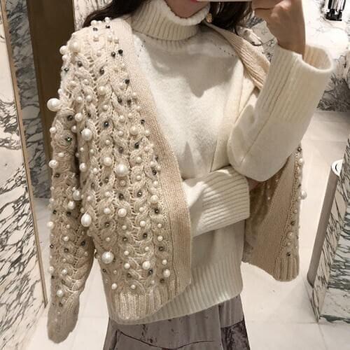 2020 Autumn Winter Warm Knitted Cardigan Coat Hand Studded Pearl Beaded Cardigan Sweater Womens Short Thick Sweaters Overcoat