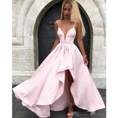 Sexy Pink High-Low Prom Dresses Spaghetti Pleats A Line Formal Party Evening Gowns Cheap Special Occasion Dresses Vestidos De