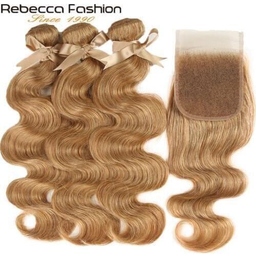 Rebecca Brazilian Body Wave Hair 3 Bundles With Closure Free Part Mix Color 27/30 Remy Human Hair Bundles With Closure
