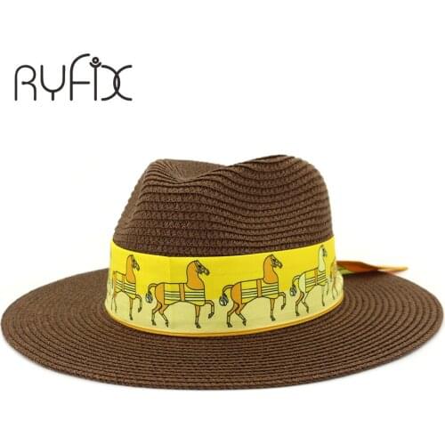 Outdoor beach yellow animal print ribbon sun hat jazz hat lovers hat plain edge straw hat HA141