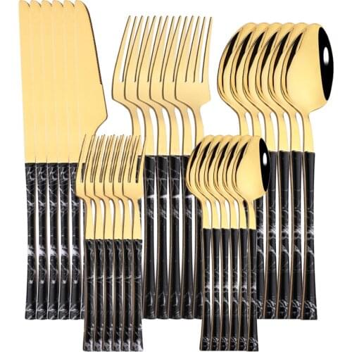 30Pcs Stainless Steel Dinner Gold Imitation Wooden Handle Dinnerware Black Knife TeaSpoon Fork Cutlery Set Tableware Flatware