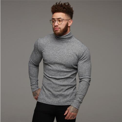 New 2021 Winter Turtleneck Sweater Men Fashion Solid Stripe Knitted Sweaters Mens Casual Slim Pullover Male Double Collar Tops