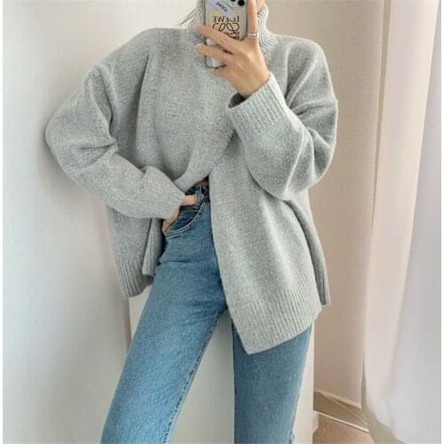 New Winter Front Spilt Chic All-match Sweatershirt Turtleneck Elegant Fashion Solid Termperament 2020 Winter Fall Fashion Jumper