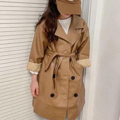 Baby Girls Trench Coats Double Breasted pu leather double breasted Solid Tops Kids Windbreaker Spring Autumn Teens Outerwear