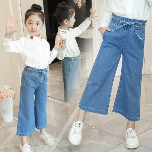 2019 spring childrens clothing girls wide-leg jeans childrens denim pants big children loose pants Hole girls jeans 10 years